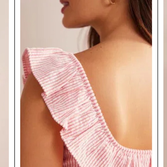 Boden Pink Red White Ruffled Off Shoulder Ribbed Top Blouse Seersucker Stripe 6 - Picture 4 of 9
